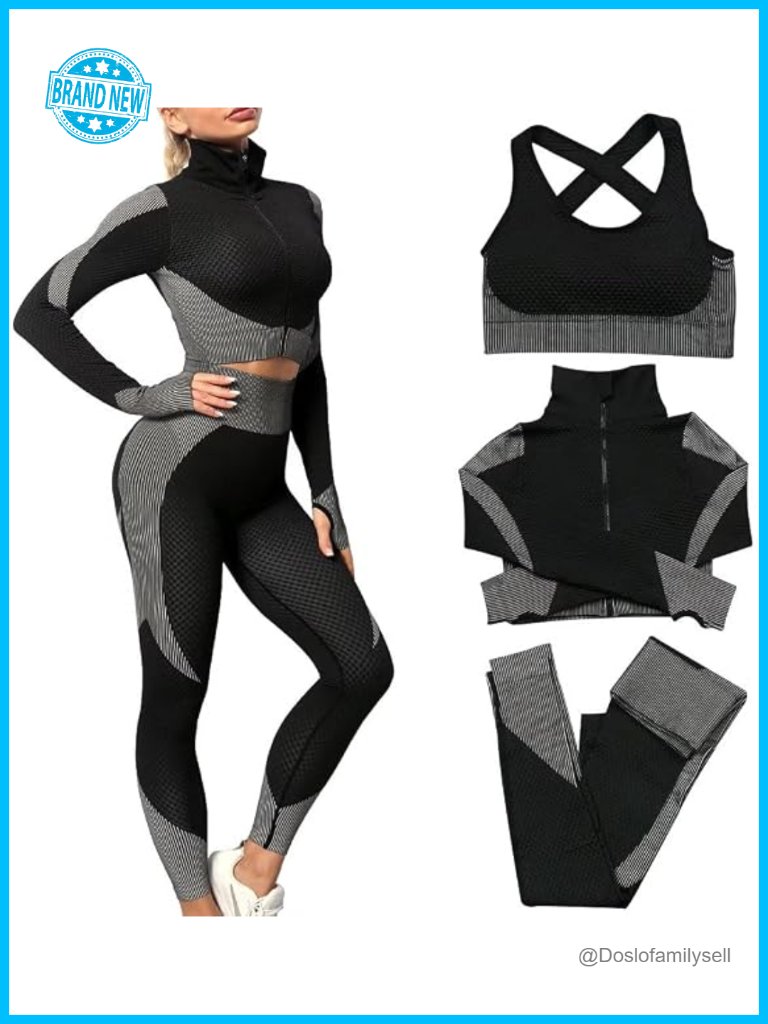 3 Piece Seamless Workout Set Yoga Sportswear Tracksuit Leggings Sports Bra
